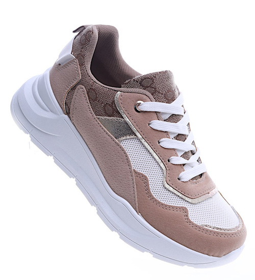 Wiązane sportowe buty damskie beżowe /D5-3 13920 T292/