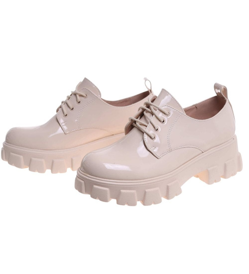 Beżowe półbuty loafersy na platformie /i6-2 18489 W12-3/