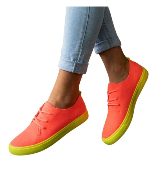 Pomarańczowe wiązane trampki damskie /E1-3 8895 S076/