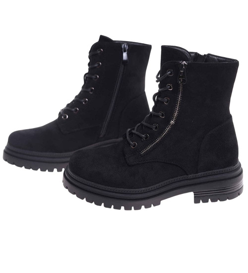 Czarne sznurowane botki trapery zamszowe /G8-3 18503 T444/