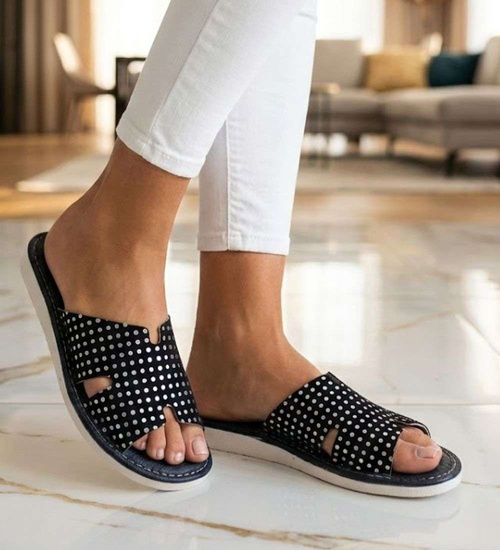 Skórzane domowe klapki kapcie Czarne /G4-1 14975 S194/