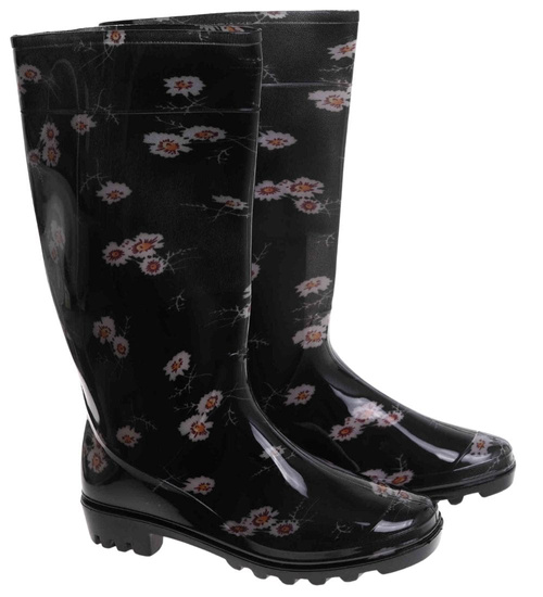 Kalosze damskie Czarne wysokie gumiaki w kwiaty /C3-1 17792 T349/