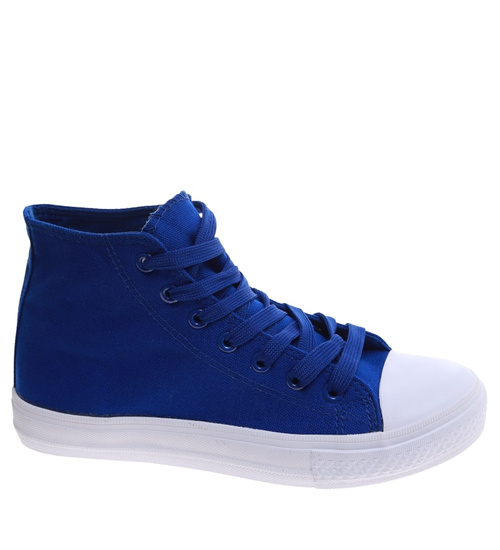 Klasyczne niebiesko białe trampki damskie z wysoką cholewką /G1-1 16734 G9-84/