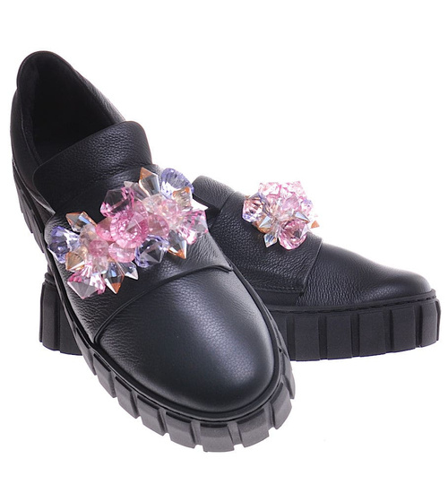 Czarne skórzane damskie trampki creepersy /B5-1 11692 N0200/