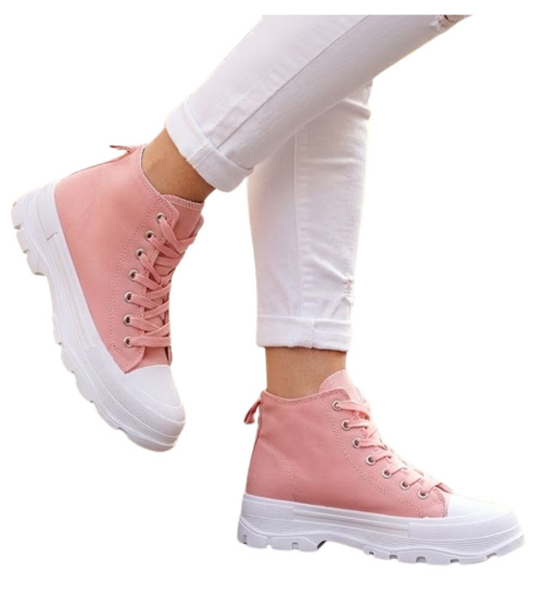 Sznurowane trampki damskie Różowe /D2-3 12370 S314/