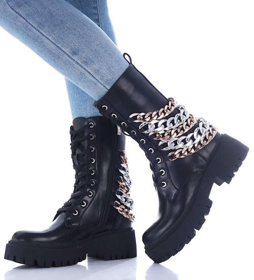 Sznurowane czarne glany trapery na platformie /E9-1 17022 T217/