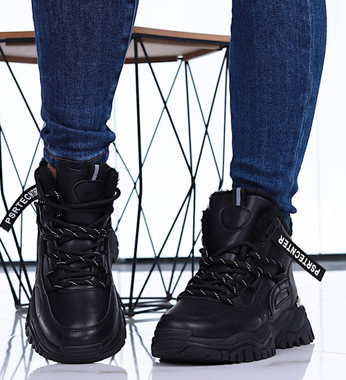 Czarne ocieplane trampki sneakersy na koturnie /G12-3 15392 T538/
