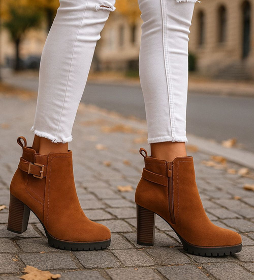 Botki damskie na obcasie Karmelowe /G3-3 18265 W327/