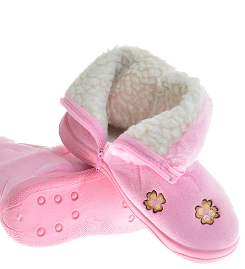 Różowe kapcie na suwak z futerkiem /D7-1 10273 S095/