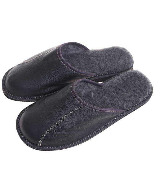 Skórzane kapcie męskie z wełną Szare /D8-1 18467 S197/