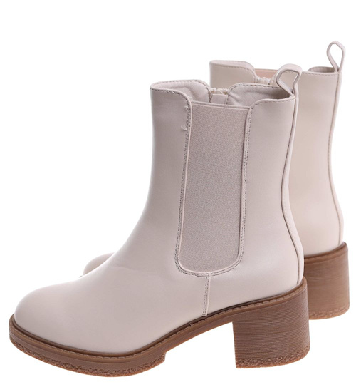 Beżowe botki damskie na grubym obcasie /J6-3 h2 18396 W3/