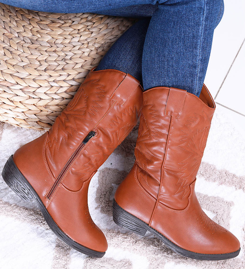 Klasyczne camelowe kozaki kowbojki z ociepleniem /F7-2 15219 T296/