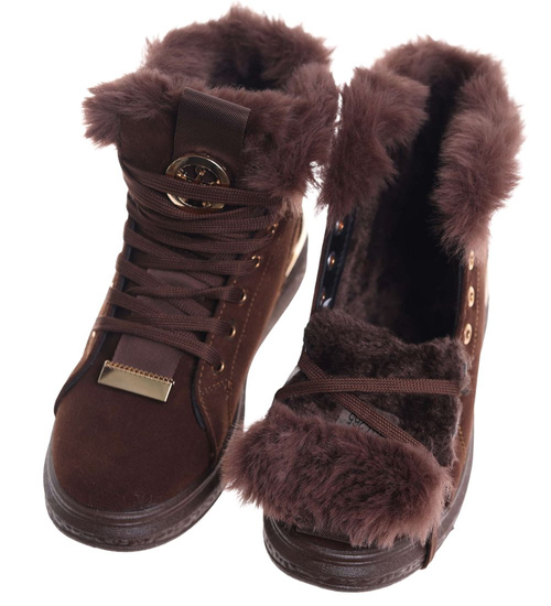 Czekoladowe zimowe trampki z kożuszkiem  /G11-3 18496 T7/