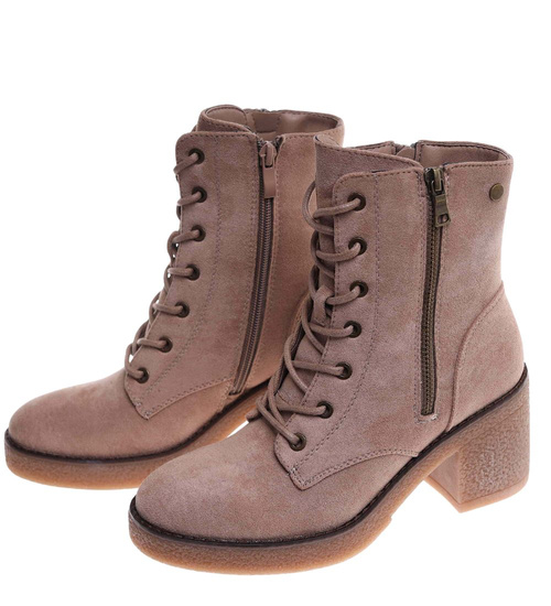 Damskie wiązane botki na obcasie Khaki /F2-1 18232 W431/