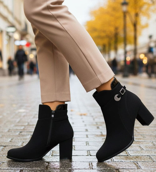 Eleganckie botki zimowe na obcasie czarne /C7-3 18571 W422/