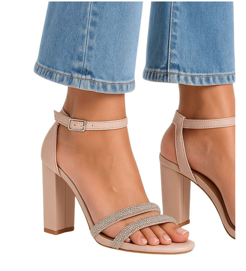 Kobiece sandałki z cyrkoniami beżowe /13042 E9-3 T797/