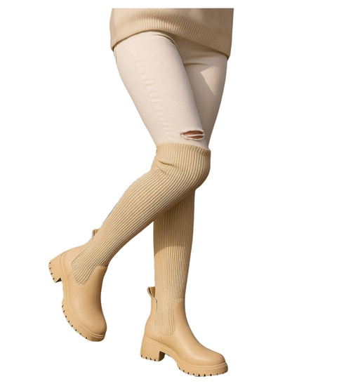 Beżowe kozaki muszkieterki z elastyczną cholewką /C1-1 18333 T380/