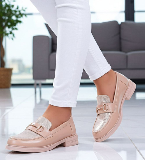 Beżowe półbuty mokasyny damskie /A7-2 15481 T249