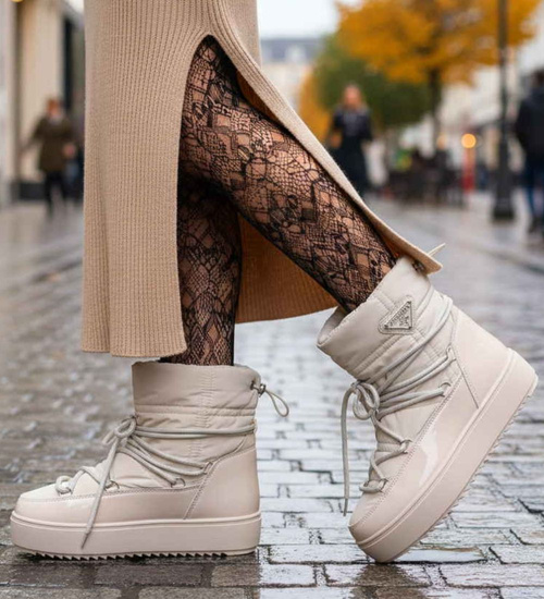 Ocieplane śniegowce damskie Beżowe /F7-2 18570 W343/