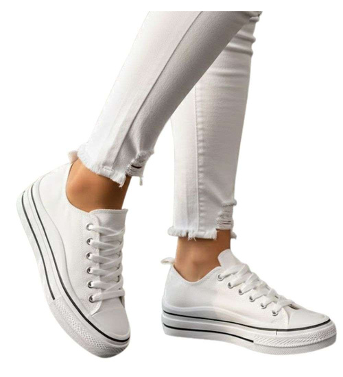 Białe materiałowe trampki na platformie /F6-2 14365 S294/