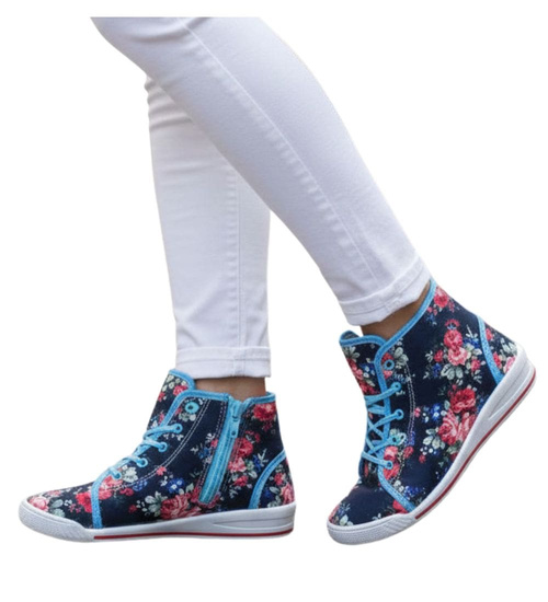 Wysokie dziewczęce trampki w kwiatki niebieskie /D8-2 7545 S089/