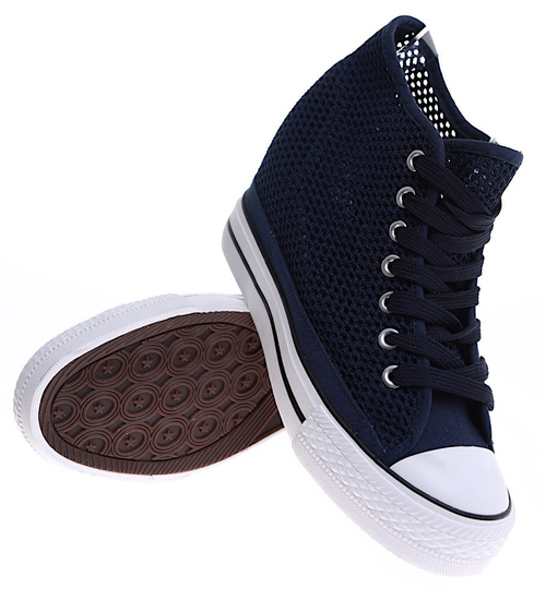 Ażurowe granatowe damskie trampki snekaersy na koturnie /C2-1 16174 T175/