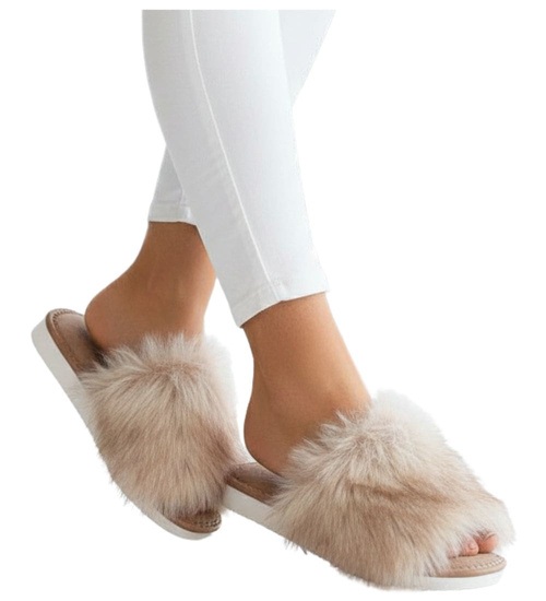 Beżowe damskie klapki z kudłatym futerkiem Premium /G8-1 11405 S292/