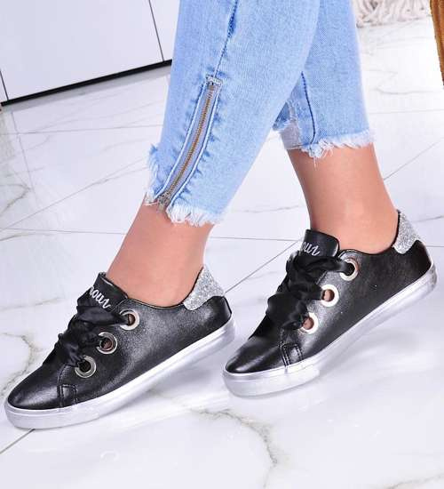 Czarne trampki damskie z eko skórki /B4-3 11338 T194/