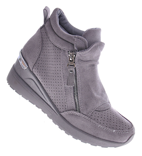 Szare sneakersy damskie na koturnie /B2-2 12852 T890/