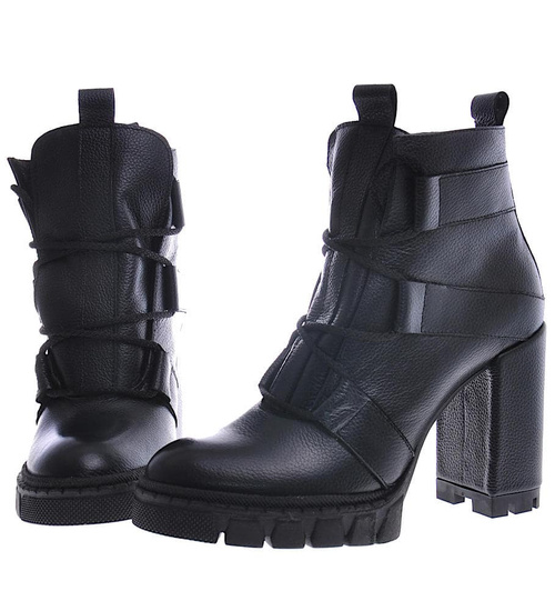 Czarne botki na obcasie ze skóry naturalnej /F5-2 12803 N0206/
