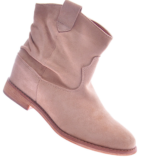 Zamszowe botki damskie na niskim koturnie Beżowe /A5-3+H2 12518 KH T266/