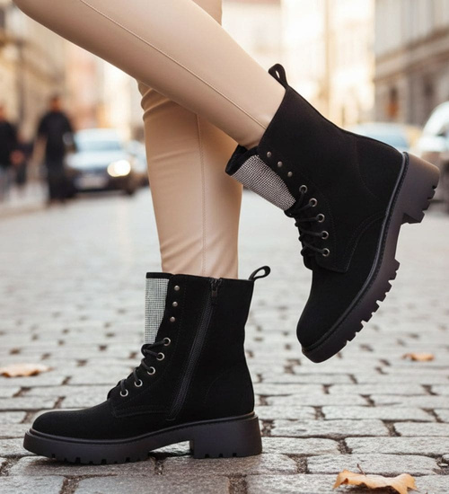 Zimowe botki trapery czarne z cyrkoniami /B2-1 18559 W440/