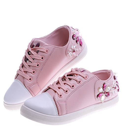 Modne damskie trampki z kamieniami Różowe /B1-2 13468 T128/