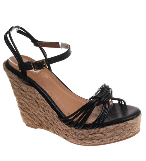 Sandały damskie na koturnie i platformie Czarne espadryle /B4-3 17873 G187/