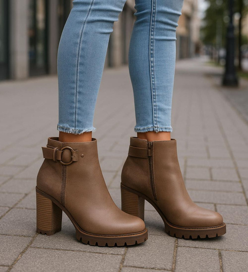 Jesienne botki damskie na obcasie słupku Khaki /J5-4 H2 18211 W301/