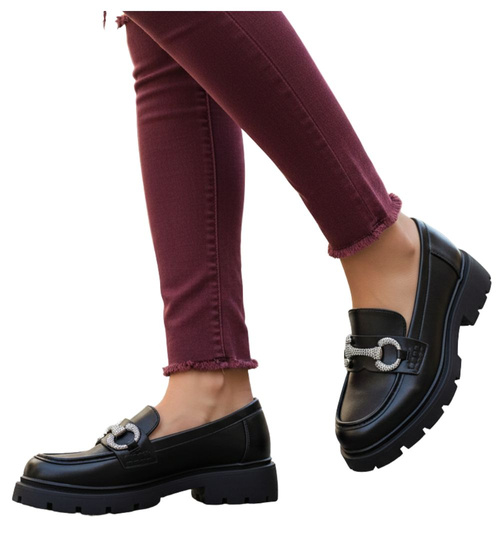 Wsuwane czarne loafersy damskie półbuty na platformie /F10-2 15431 T438/