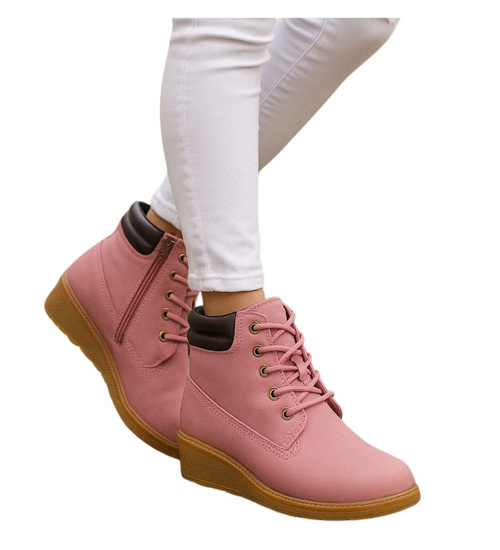 Różowe sznurowane botki na niskim koturnie /E9-2 16625 T7-38/