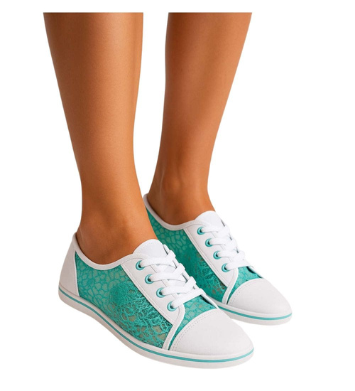 Biało zielone ażurowe koronkowe tenisówki /C3-2 17617 T13-5/