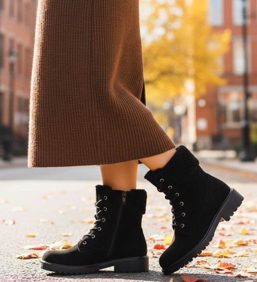 Czarne ocieplane botki workery sznurowane /A10-118576 W386/