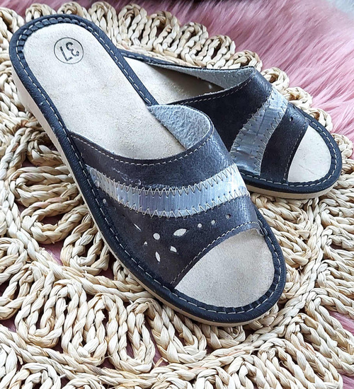 Skórzane domowe klapki z Podhala Szare /F5-1 4827 S174/