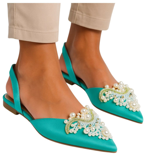 Zielone płaskie sandały z perełkami /C2-2 16363 G079/