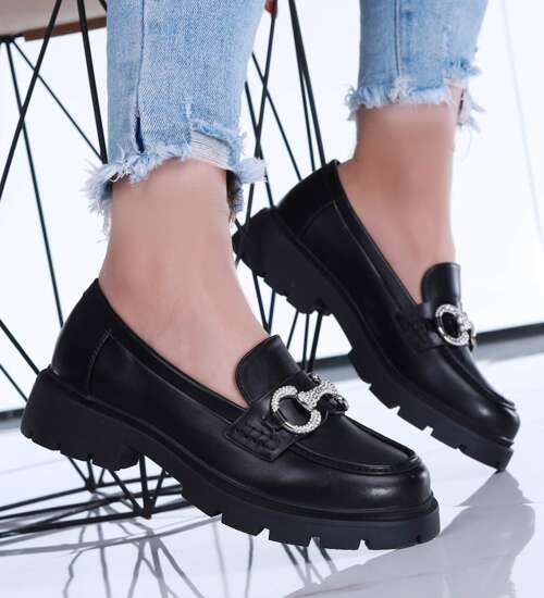 Wsuwane czarne loafersy damskie półbuty na platformie /F10-2 15431 T438/