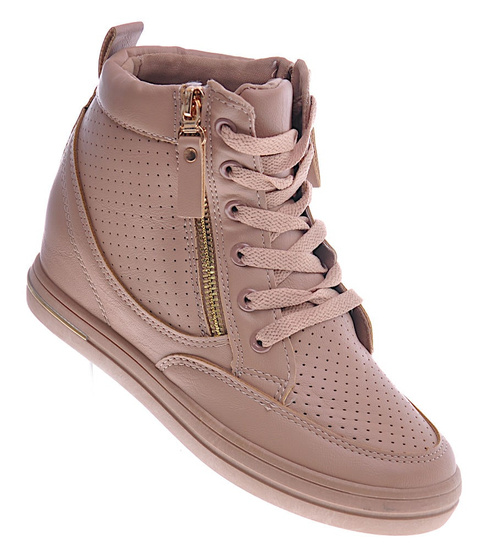 Beżowe sneakersy damskie na koturnie /B3-2 12826 T796/