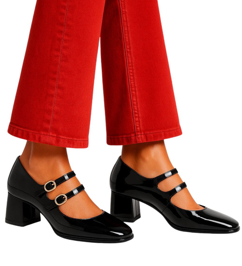 Czarne czółenka na niskim obcasie z paskami /E1-3 17520  W182/