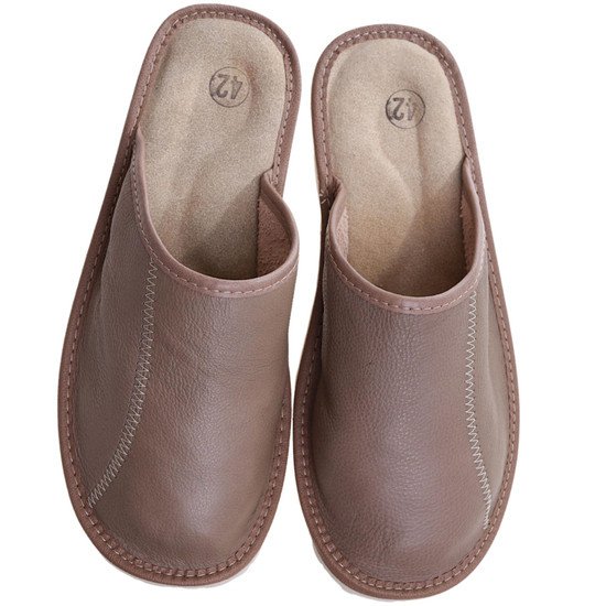 Skórzane beżowe męskie kapcie /A8-1 11404 S196/