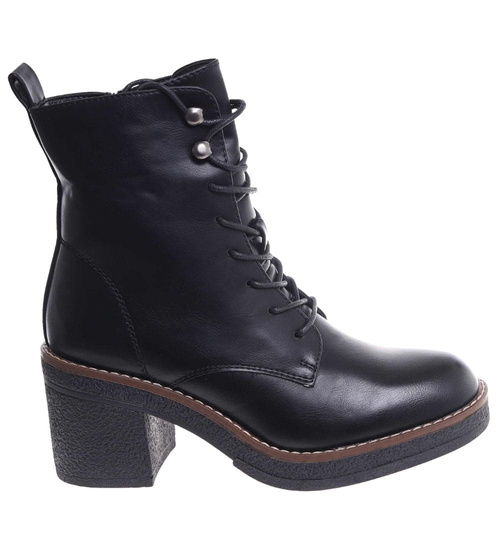 Sznurowane botki workery na obcasie Czarne /i6-3 h2 18406 W385/