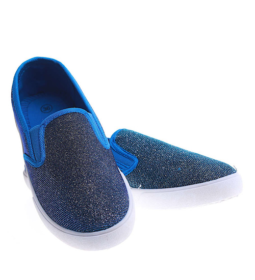 Granatowe tenisówki slip on z błyszczącej tkaniny /F7-2 13423 S079/