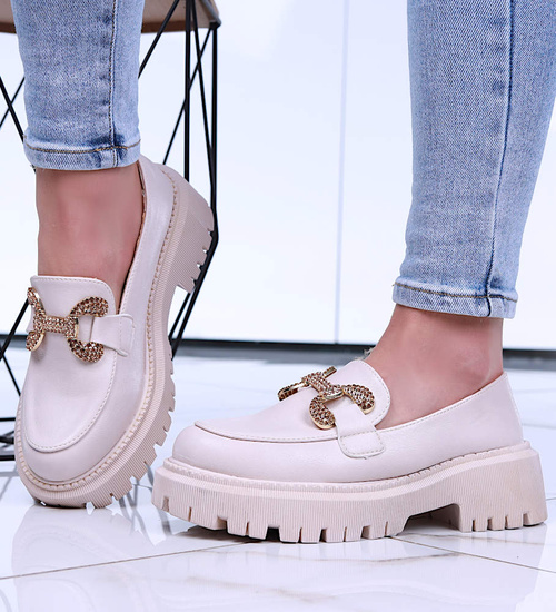 Beżowe wiosenne loafersy damskie półbuty na platformie /E8-1 15486 T336/