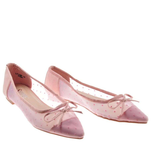 Koronkowe balerinki z kokardką Różowe /G13-2 8369 S099/ 