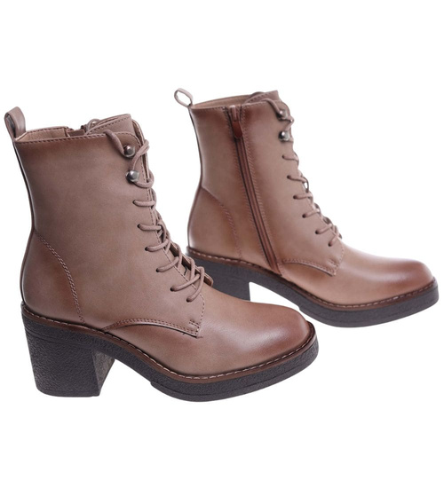 Sznurowane botki workery na obcasie Khaki /i4-3h2 18407 W385/